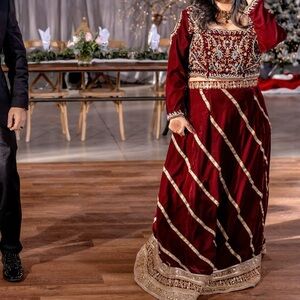 Wedding wear ghagra sharara blouse and skirt - velvet maroon - embroidered